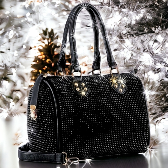 Black Rhinestone Bling Shoulder Satchel Handbag Purse - Picture 3 of 8